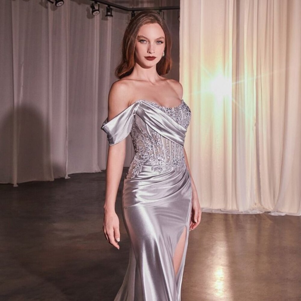 Ladivine Red Off Shoulder Maxi Satin Embroidered Glitter Gown Prom Evening